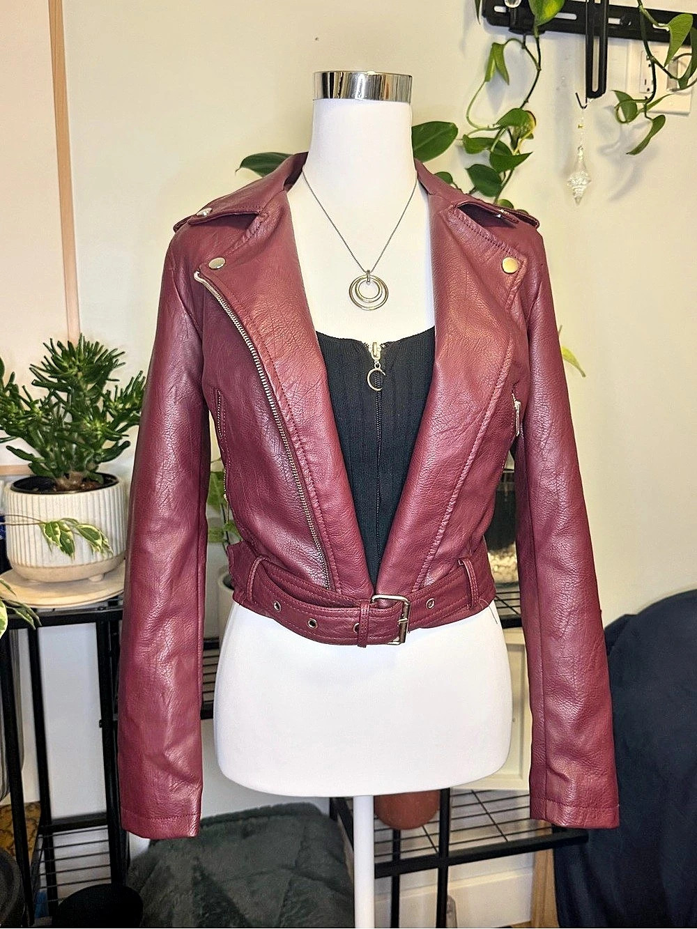 Sinsay Burgundy Faux Leather Biker Jacket with Belt Size XS
